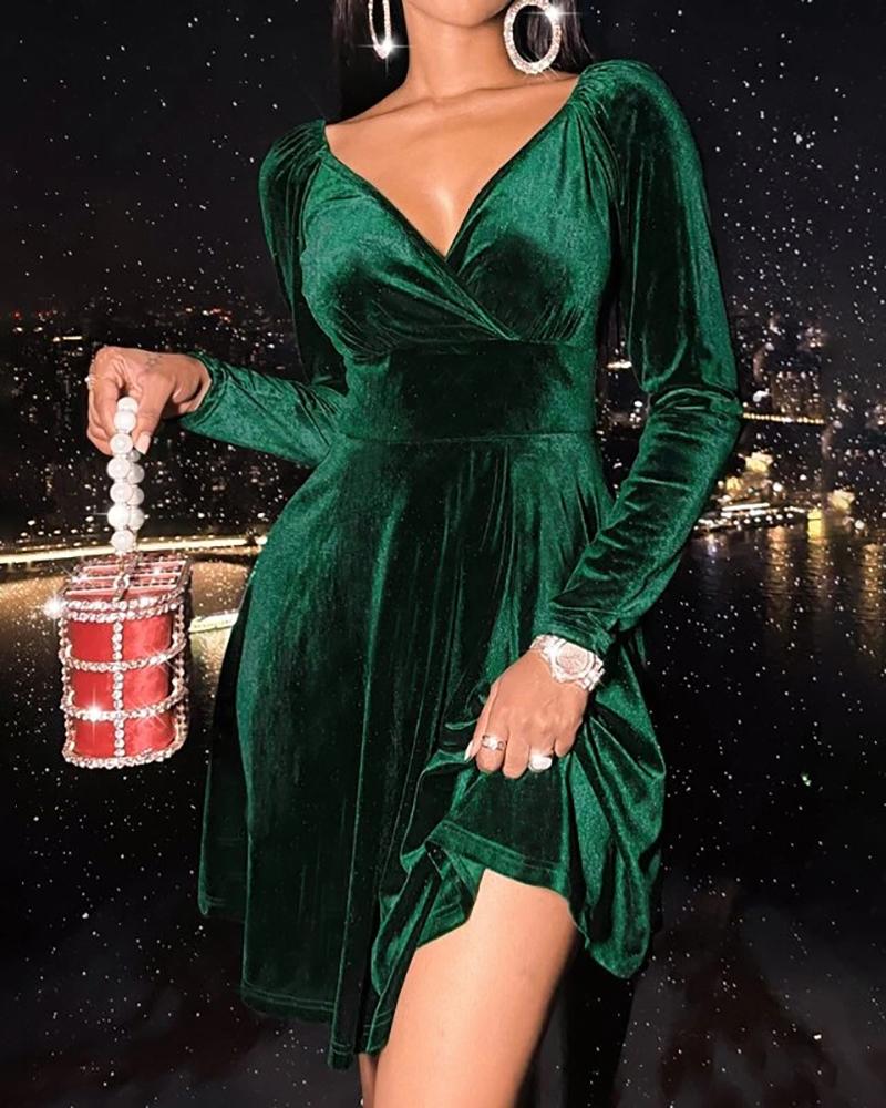 

V-Neck Velvet Long Sleeve Party Dress, Green