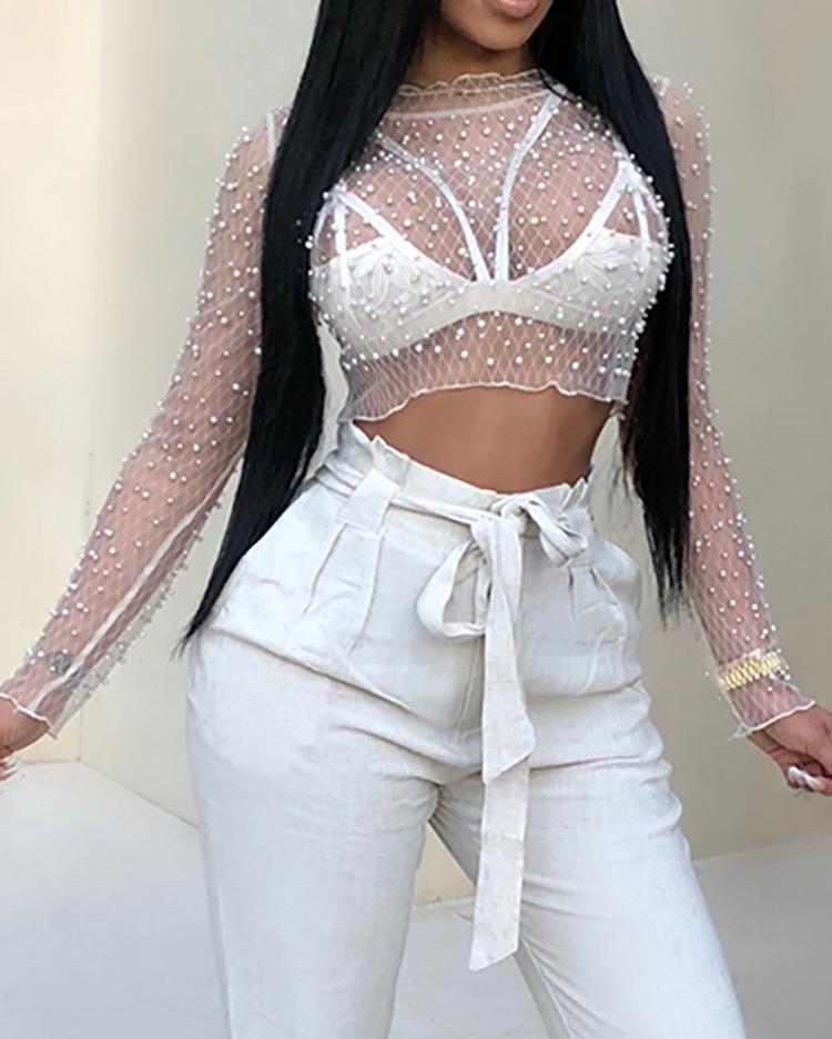 

See Through Mesh Beaded Crop Top, White