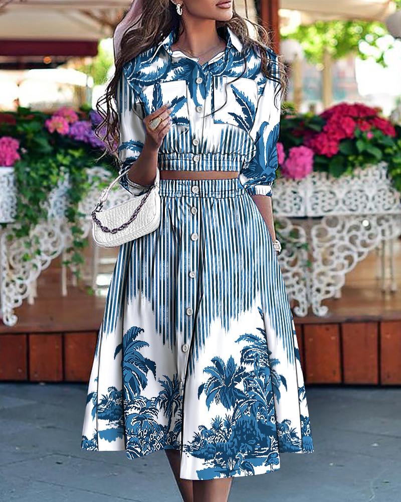 

All Over Print Button Pocket Design Crop Top & Skirt Set, Blue