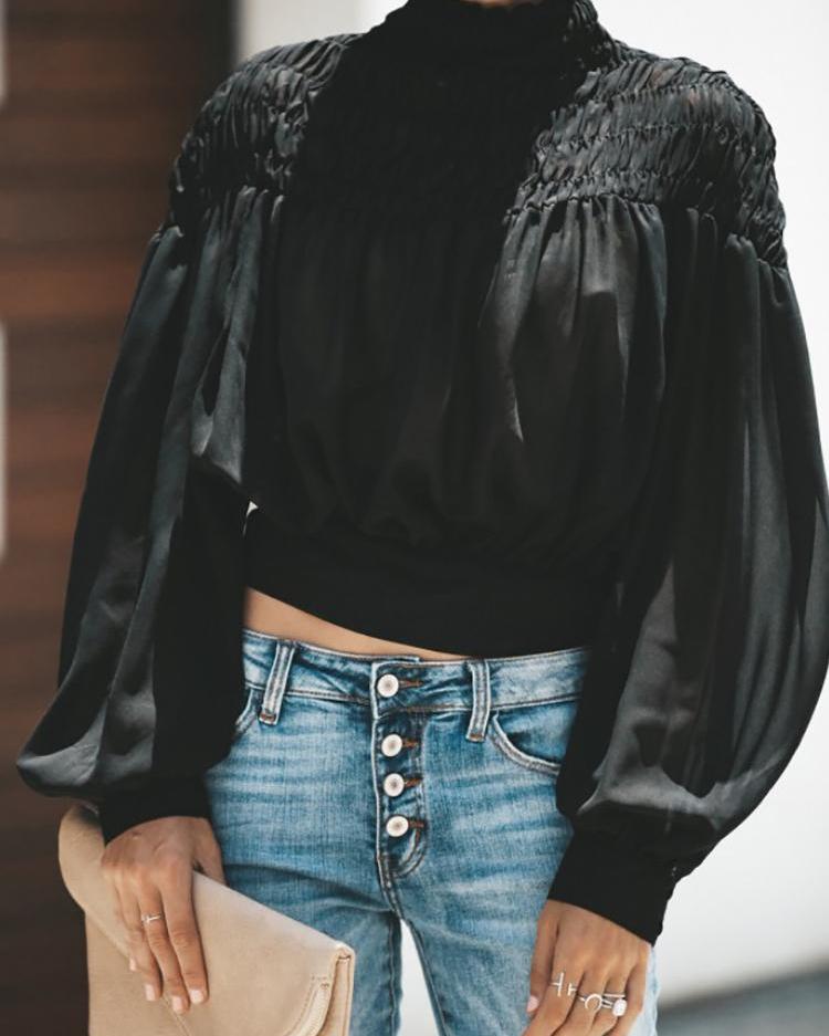 

Lantern Sleeve Shirring Ruched Casual Top, Black