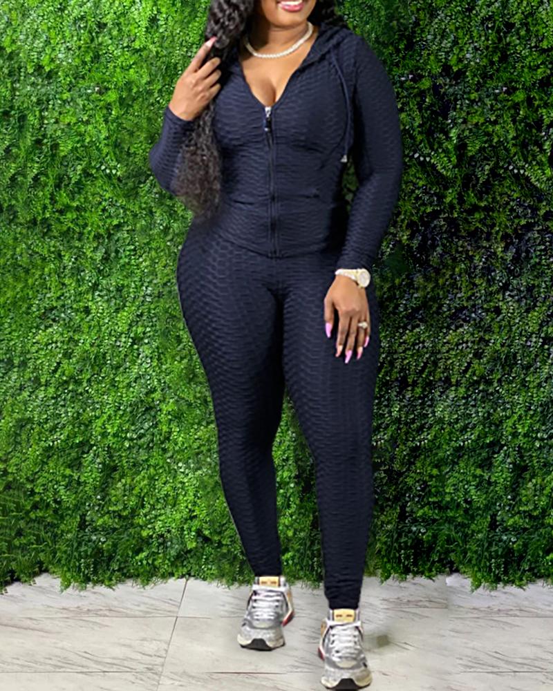 

Plus Size Zipper Design Hooded Top & High Waist Pants Set, Dark blue