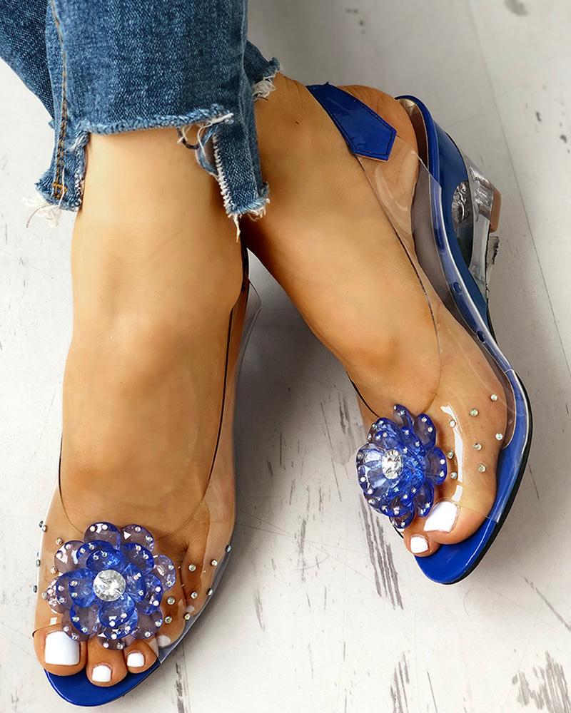 

Rhinestone Flower Design Transparent Wedge Sandals, Blue