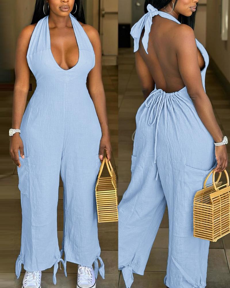 

Halter Tied Detail Pocket Design Jumpsuit, Lighted blue