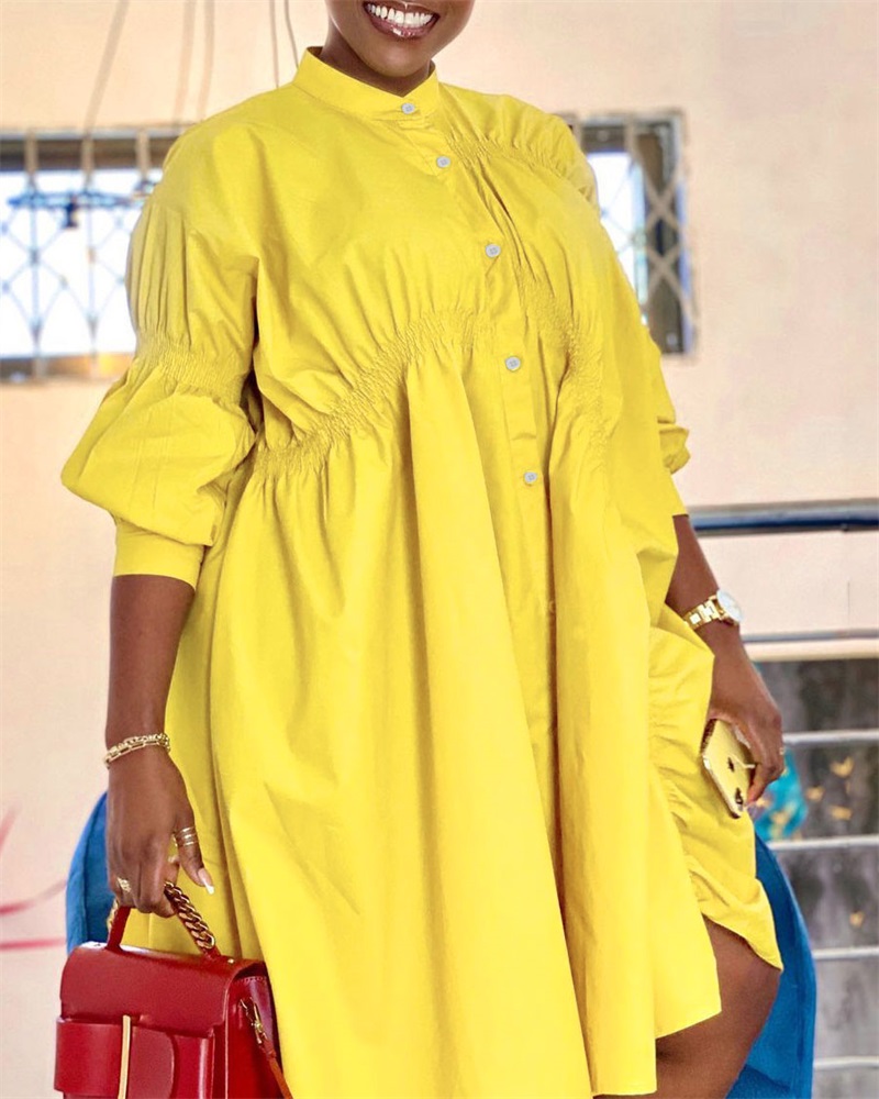 

Plus Size Shirred Long Sleeve Button Front Shirt Dress, Yellow