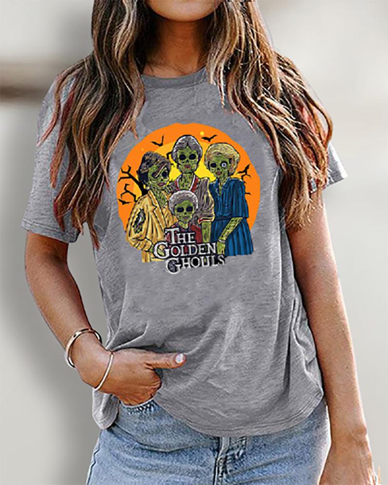 

Short Sleeve Halloween Letter Print Top, Gray
