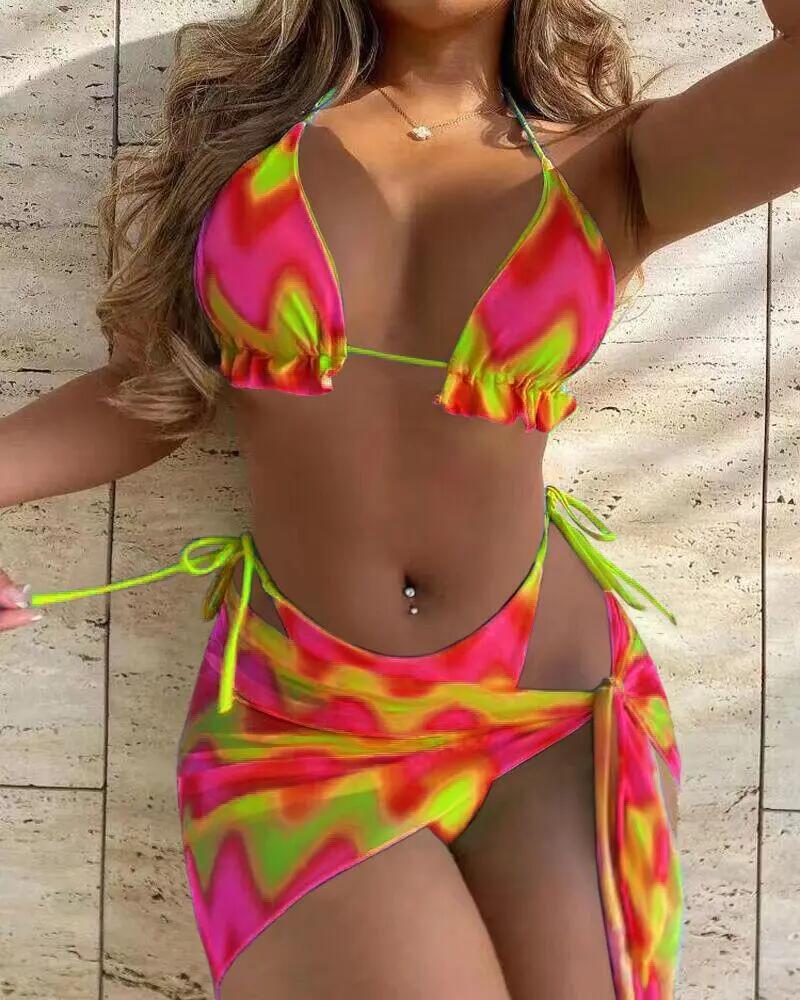 

3PCS Ombre Tie Dye Print Bikini Set With Cover Up, Hot pink