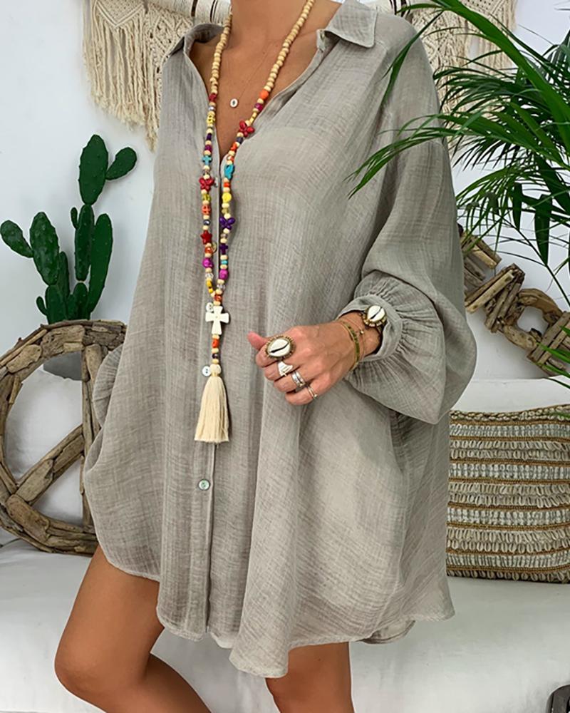 

Lantern Sleeve Button Design Casual Blouse, Gray