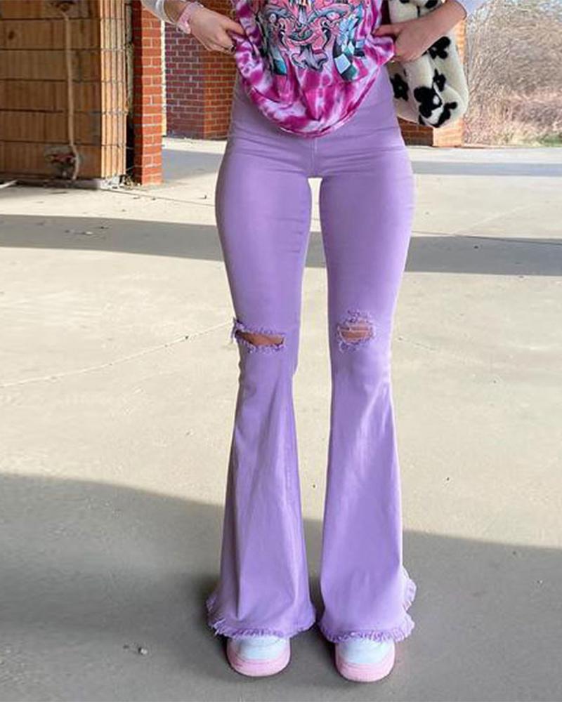 

Zipper Fly High Waist Stretch Ripped Raw Hem Flare Leg Skinny Jeans, Purple