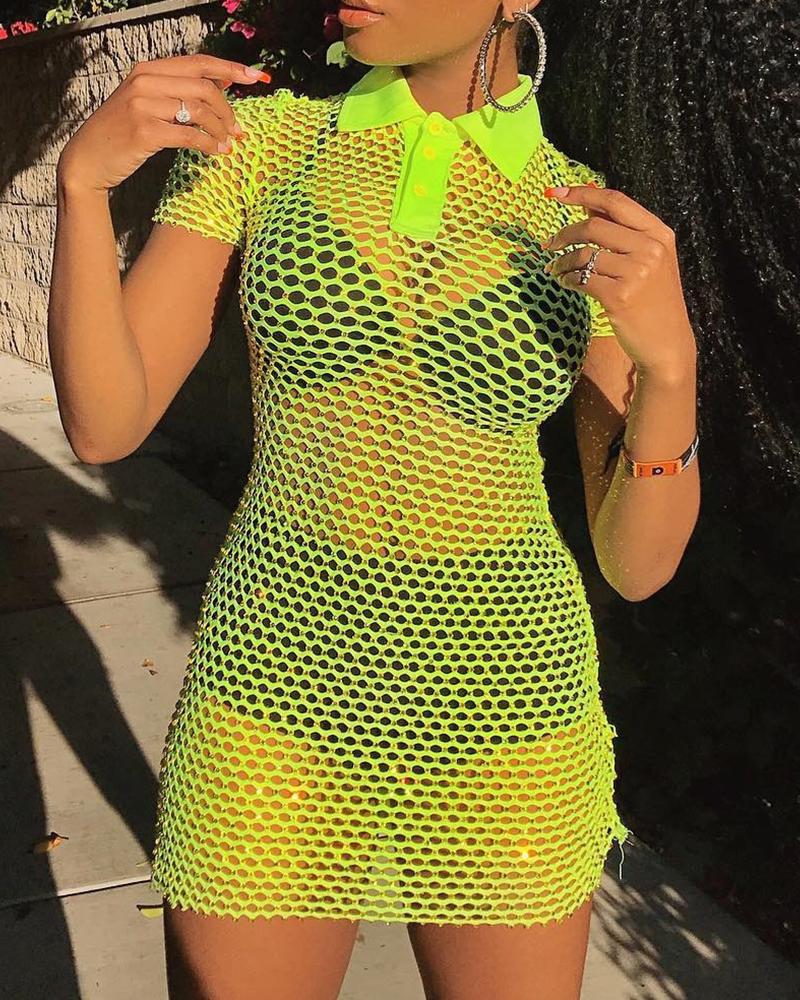 

Mesh Perspective Short Sleeve Dress, Green