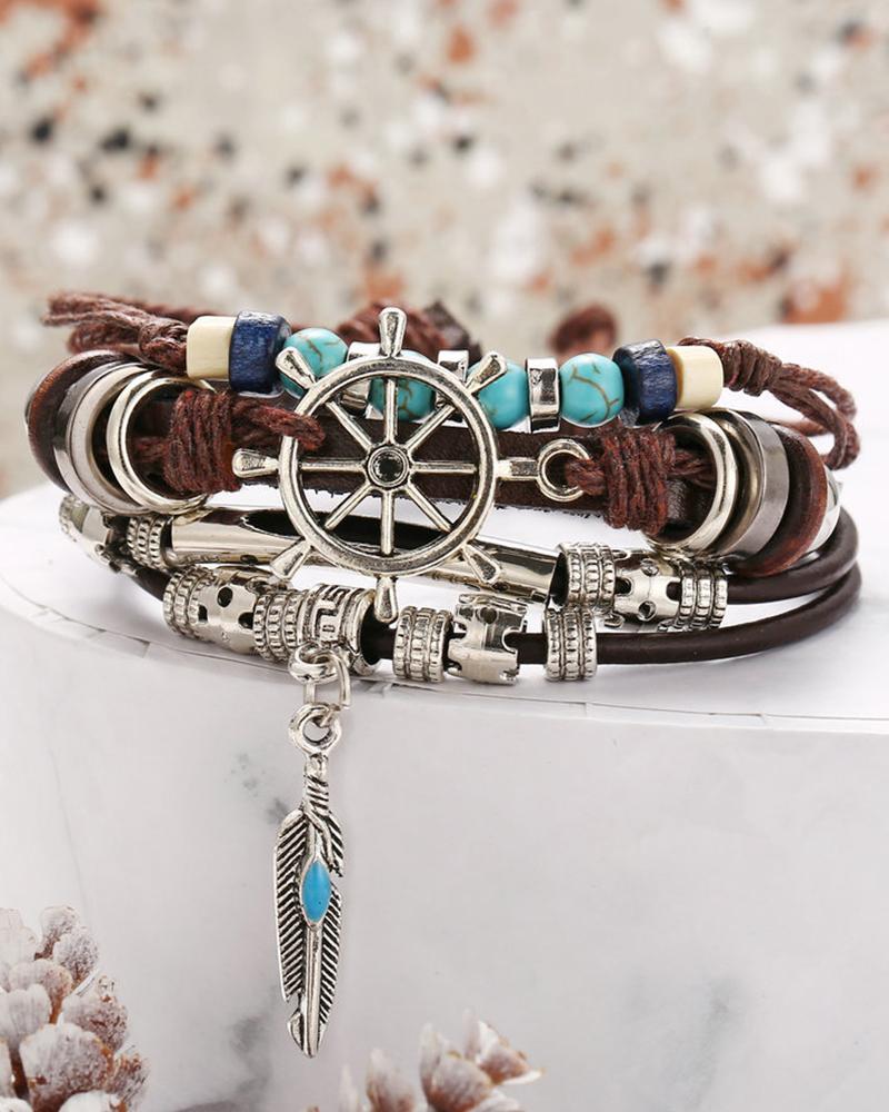 

1pcs Wheel Feather Geometric Turquoise Multi-layer Bracelet, Brown