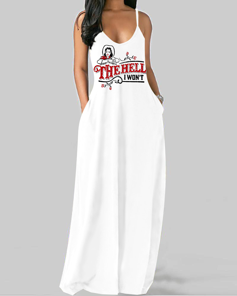 

Letter Figure Print Spaghetti Strap Maxi Dress, White