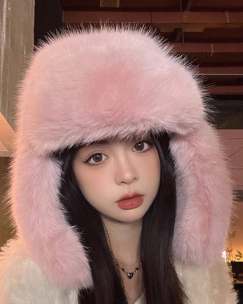 

Faux Fur Winter Thermal Ear Protection Beanie Hat, Pink