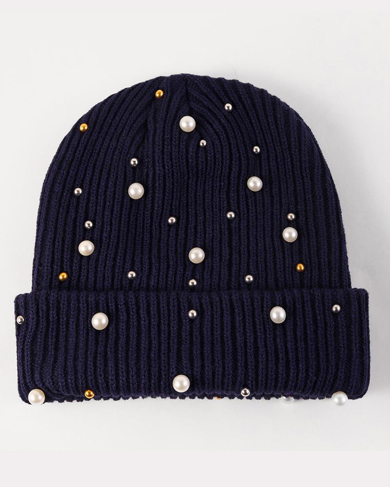 

Beaded Thermal Knit Bennie Hat, Purplish blue