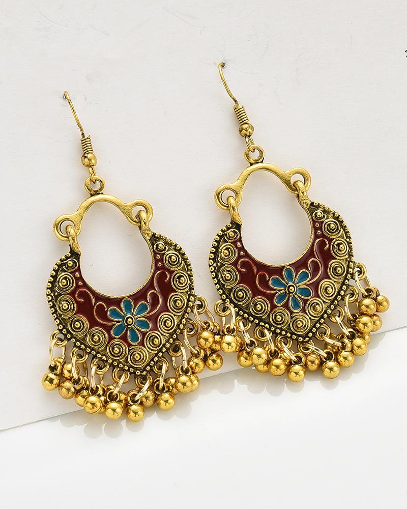 

1Pair Vintage Ancient Tribal Floral Pattern Beaded Tassel Drop Earrings, Gold