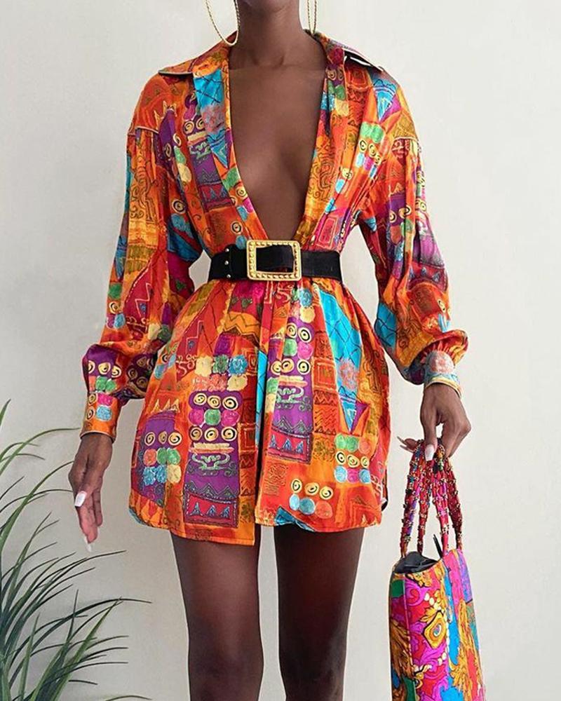

Graphic Print Lantern Sleeve Shirt Dress, Orange