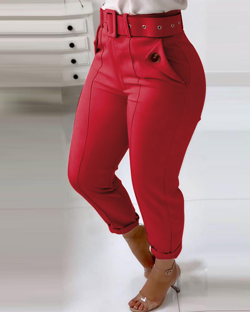 

Pocket Design Buttoned Casual Pants, Red