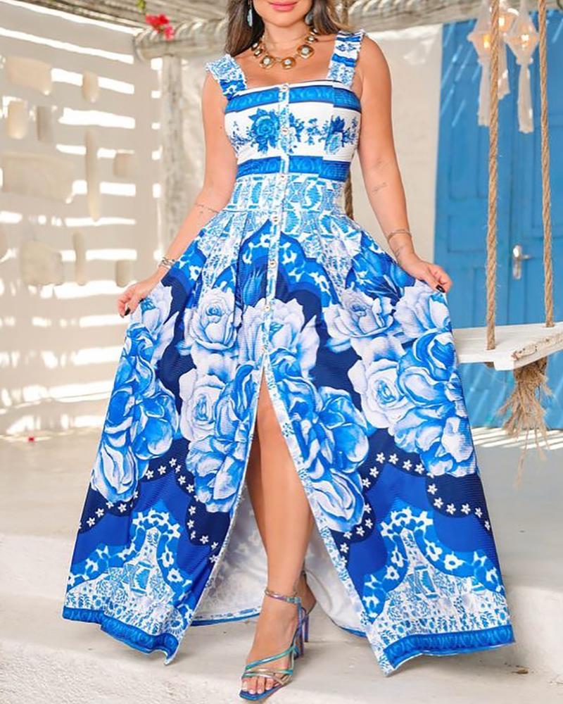 

Button Decor Floral Print Slit Maxi Tank Dress, Blue