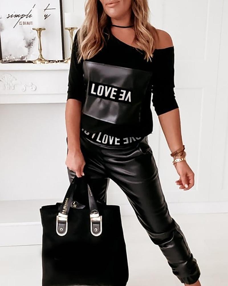 

Letter Print Casual Top & Pocket Design Pants Set, Black