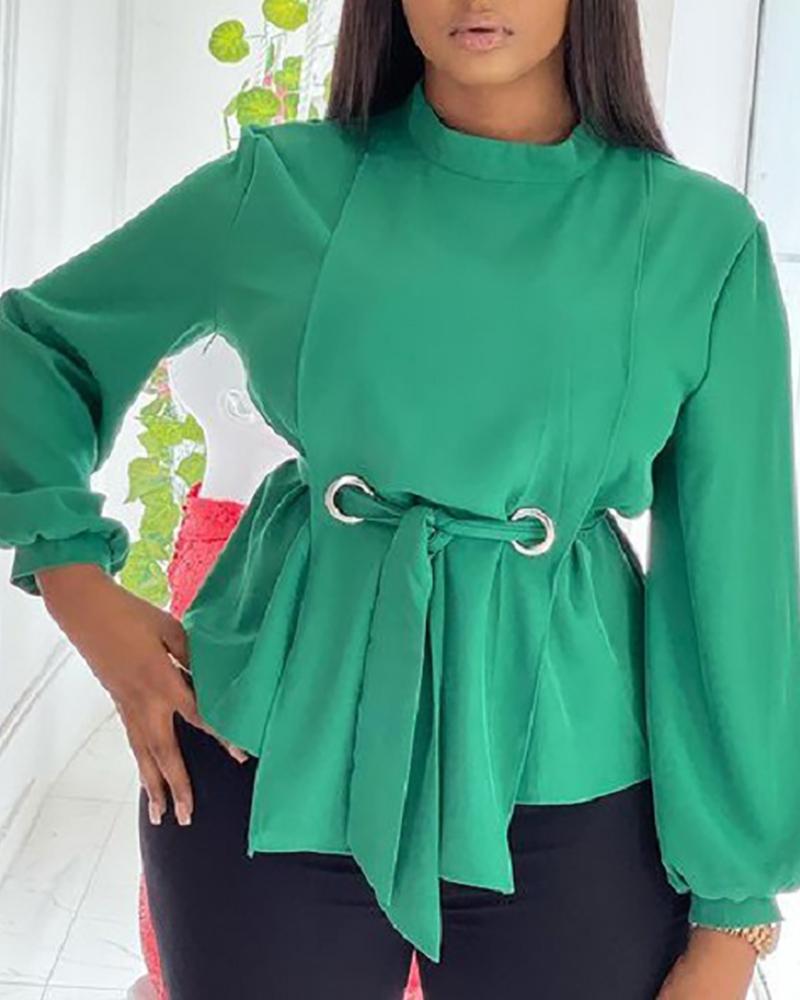 

Plus Size Eyelet Ruched Tie Front Long Sleeve Top, Green