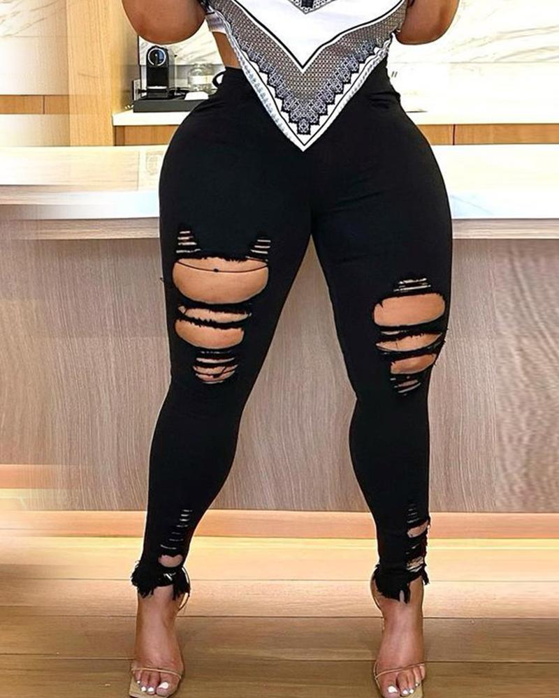 

Cutout Ripped Raw Hem High Waist Skinny Jeans, Black
