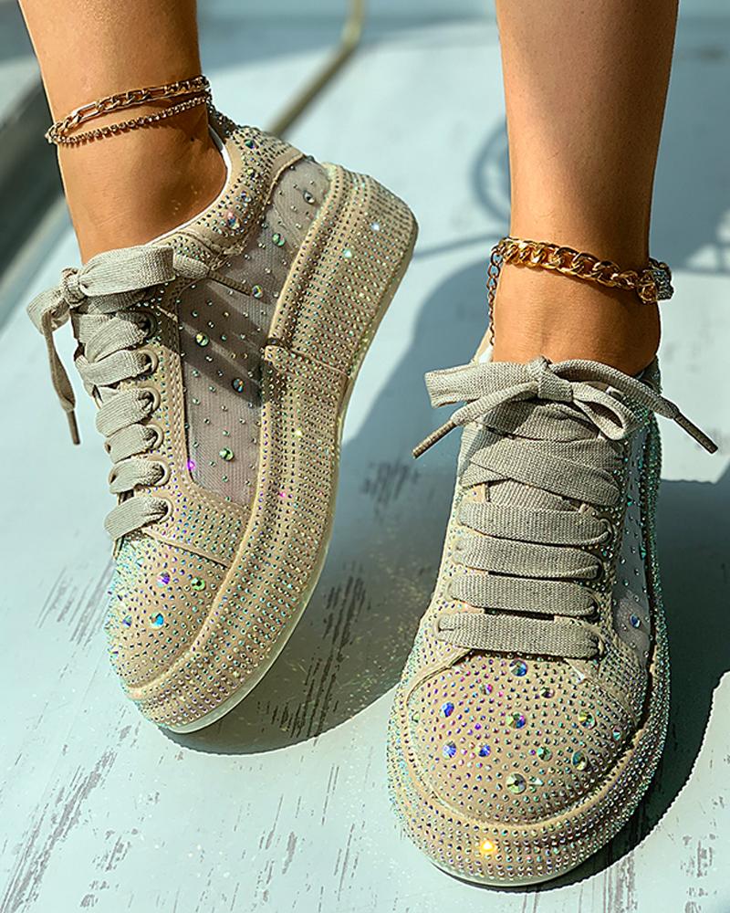 

Rhinestone Decor Eyelet Lace-up Sneaker, Apricot
