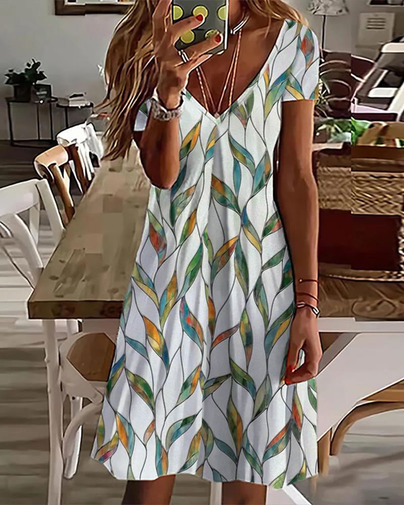 

Plants Print V-Neck Casual Dress, Style1