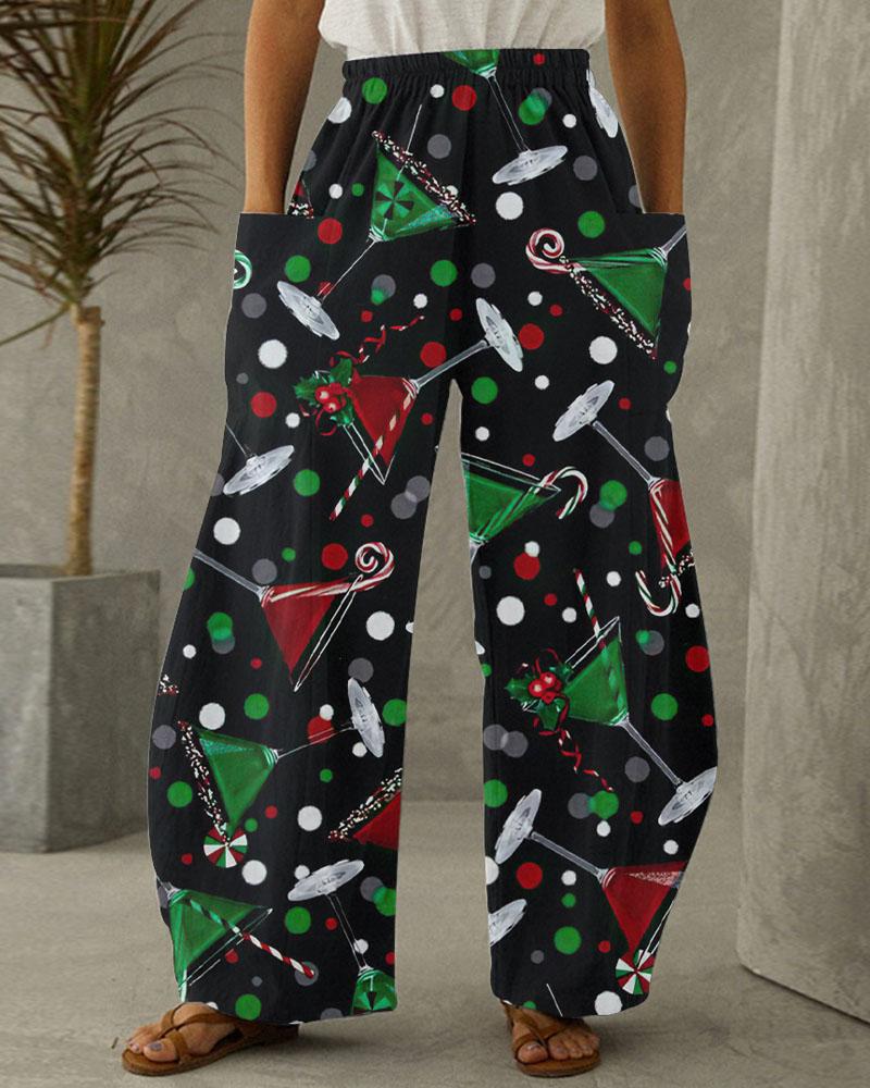 

Plus Size Christmas Wine Glass Polka Dot Print Wide Leg Pants, Black