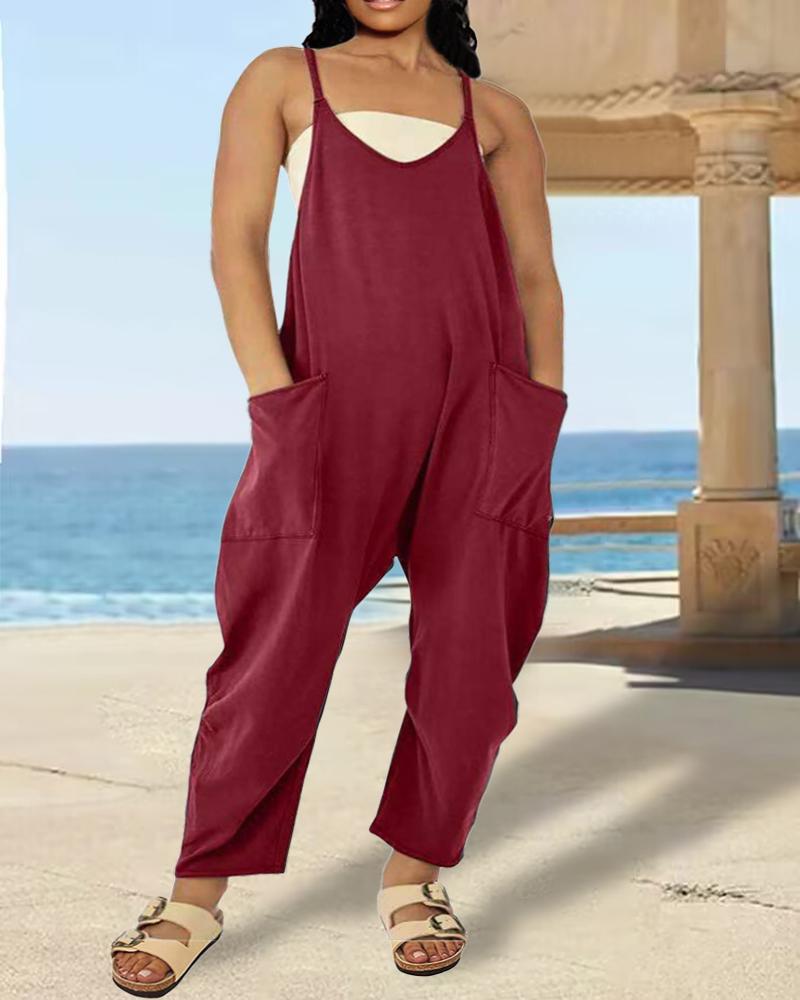 

Plus Size Spaghetti Strap Pocket Design Casual Jumpsuit, Wine red