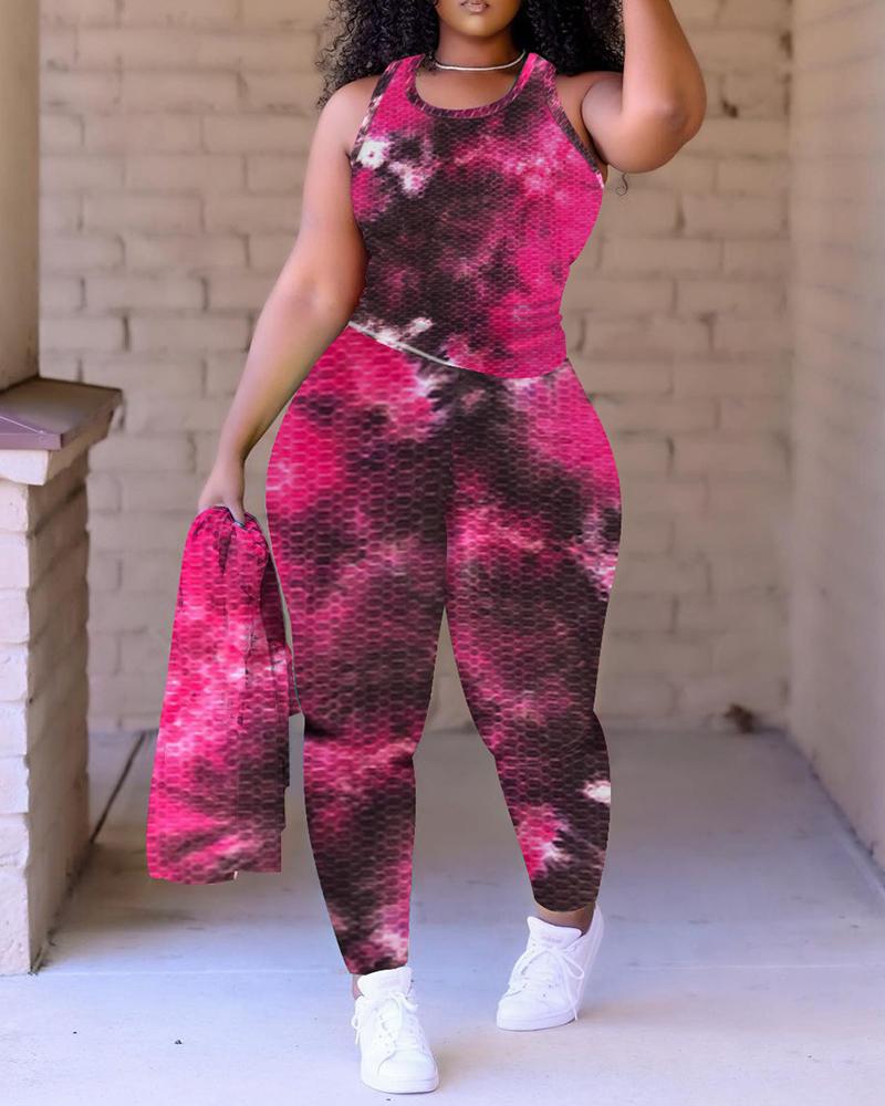 

Tie Dye Print Thick Strap Yoga Top & Pants Sets, Hot pink
