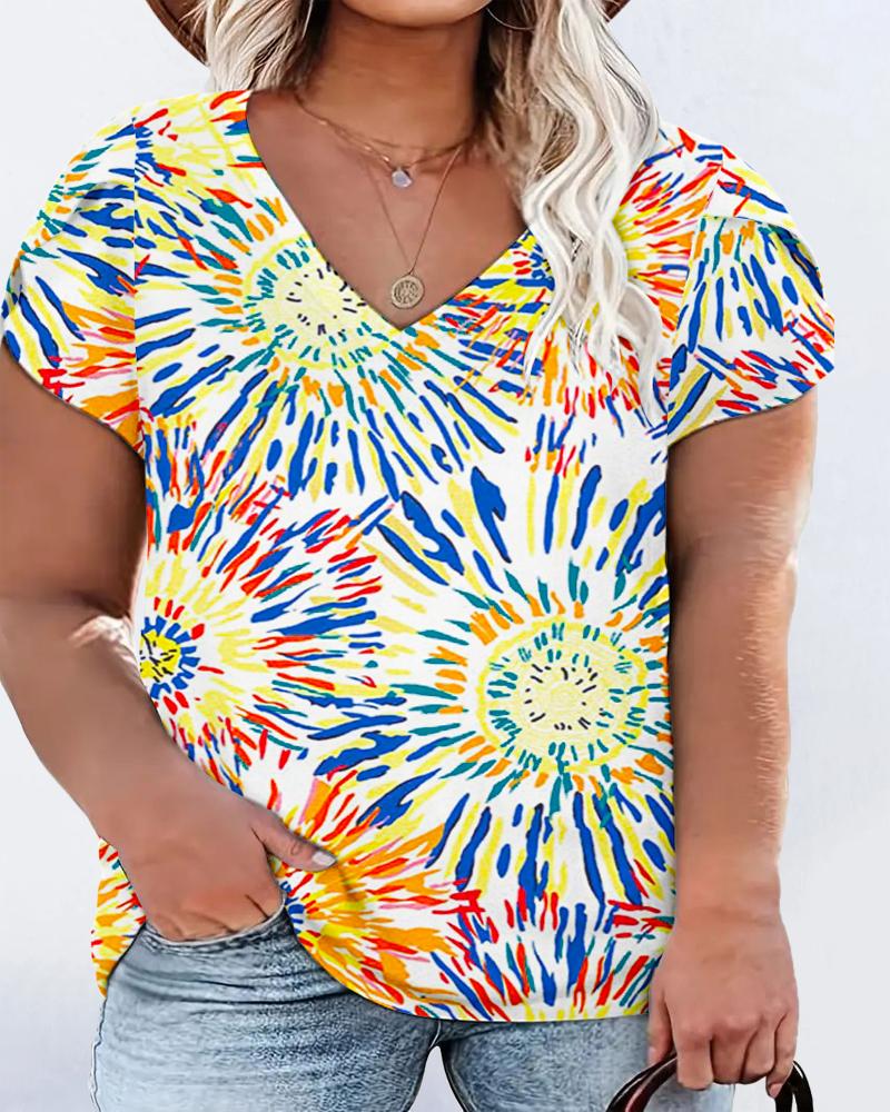 

Plus Size Abstract Print Petal Sleeve V-Neck T-Shirt, Multicolor