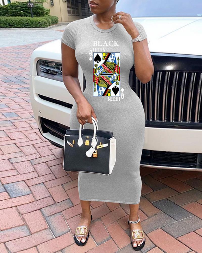 

Poker Card Print Short Sleeve Bodycon Dress, Gray