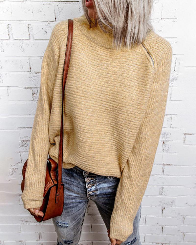 

Knit Zipper Decor High Neck Casual Sweater, Khaki