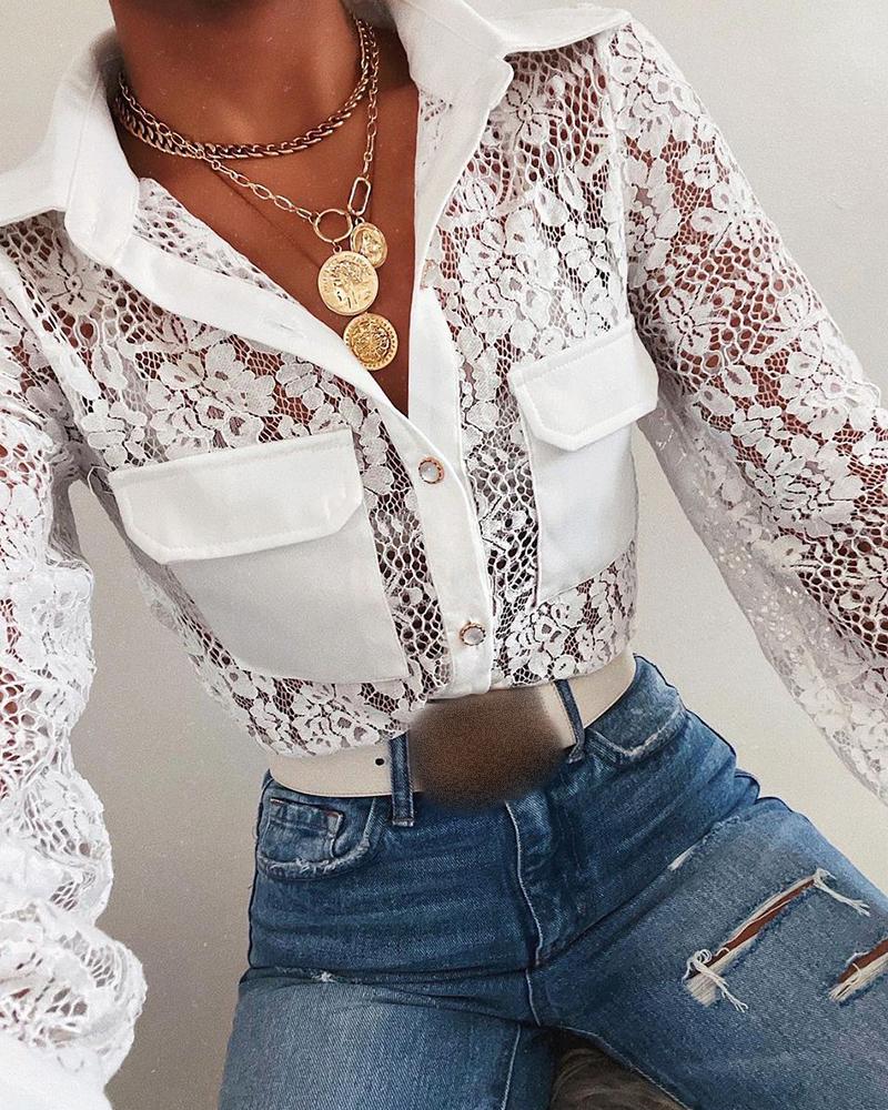 

Floral Pattern Lace Long Sleeve Shirt, White