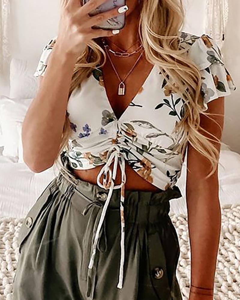 

Floral Print Drawstring Ruched Crop Top, White