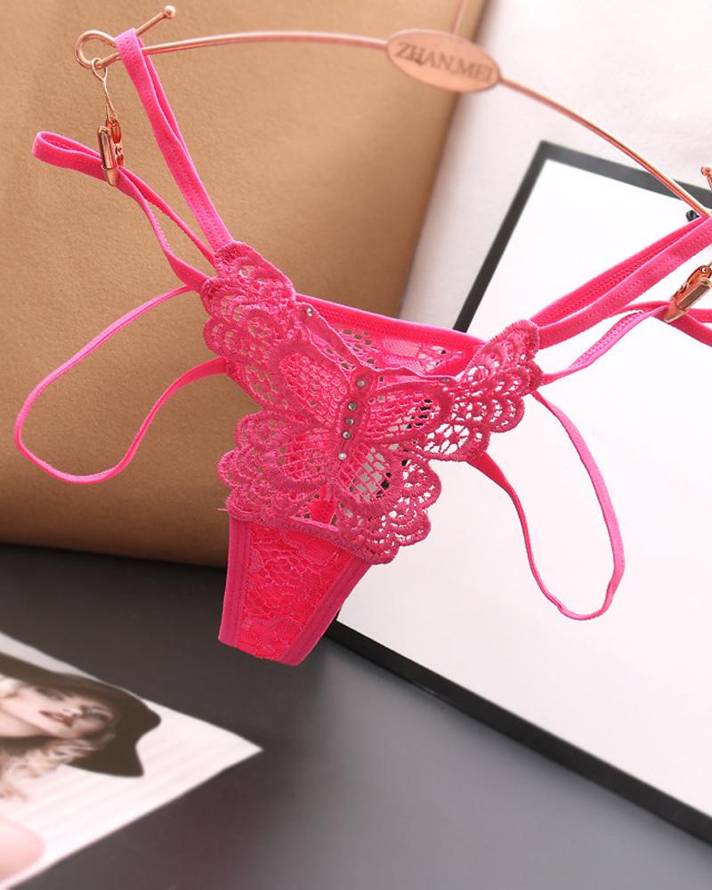 

Solid Color Splicing Lace Sexy Bownot Hollow-out Thongs, Hot pink