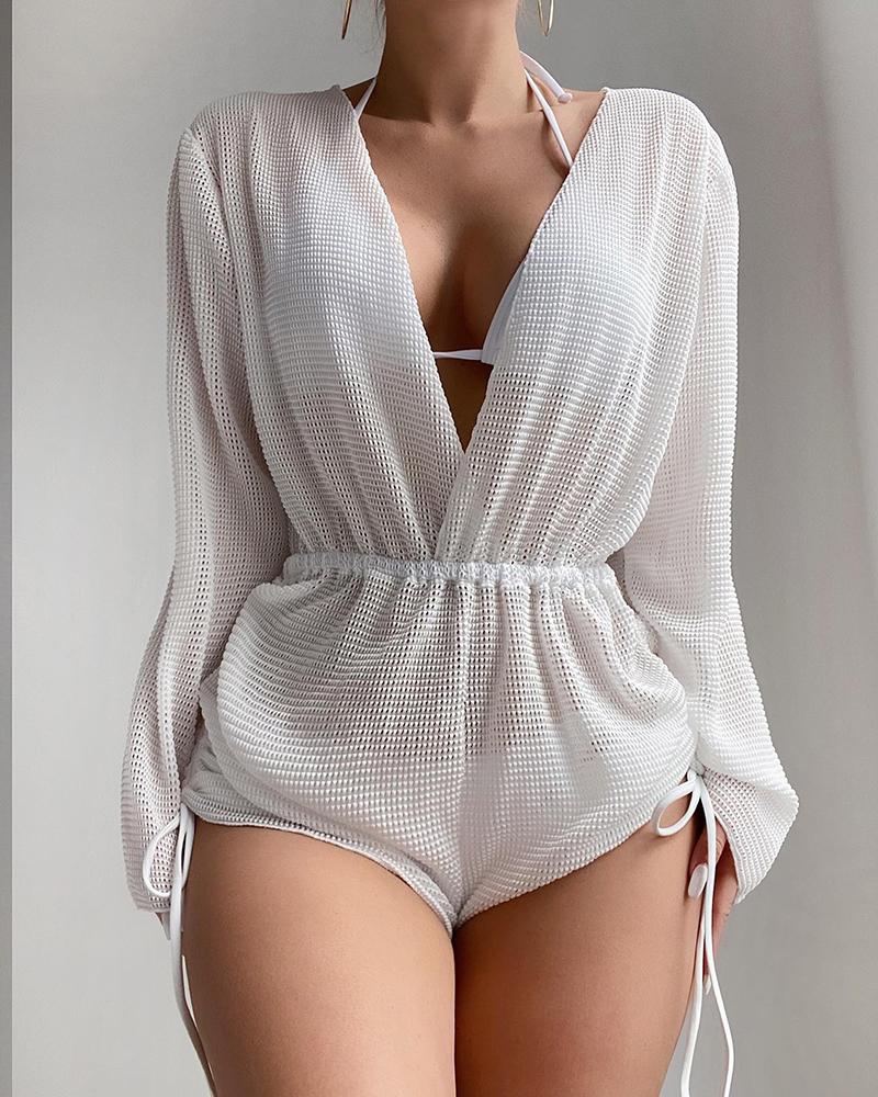 

Hollow Out Plunge Drawstring Bodysuit, White