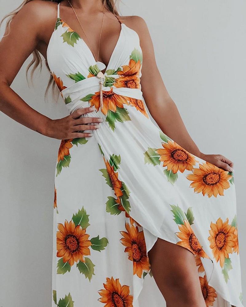 

Halter Sunflower Print Ruched Dip Hem Wrap Dress, White