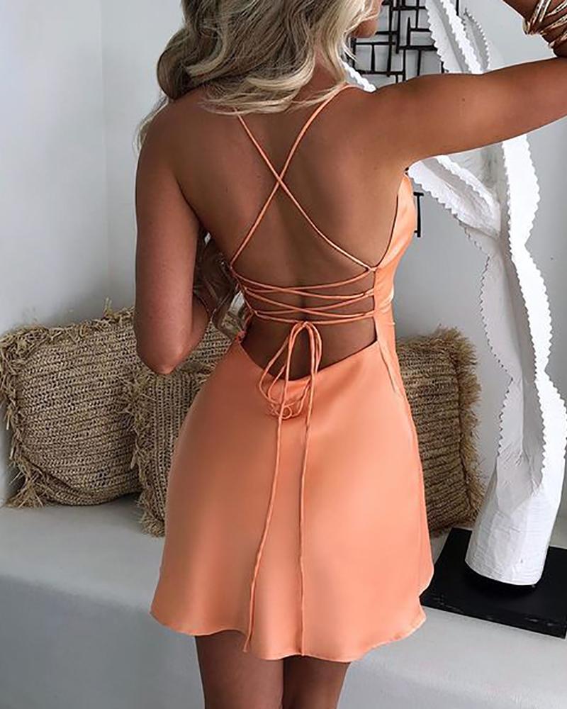 

Crisscross Backless Lace-up Top & Knotted Skirt Set, Pink