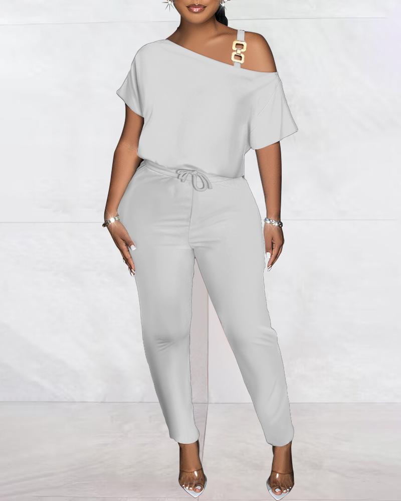 

Cold Shoulder Drawstring Chain Decor Jumpsuit, White