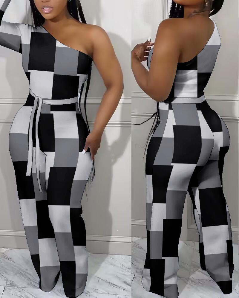 

Geometric Print One Shoulder Jumpsuit, Black