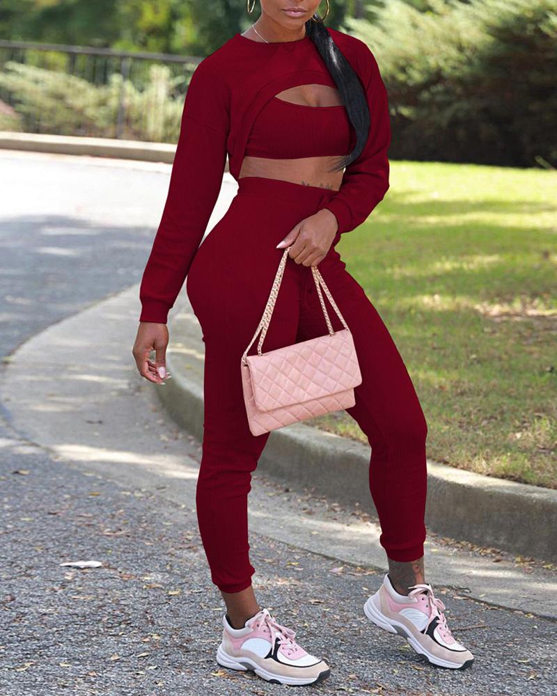 

3PCS Ribbed Tank Top & Pants Set With Super Crop Top, Wine red