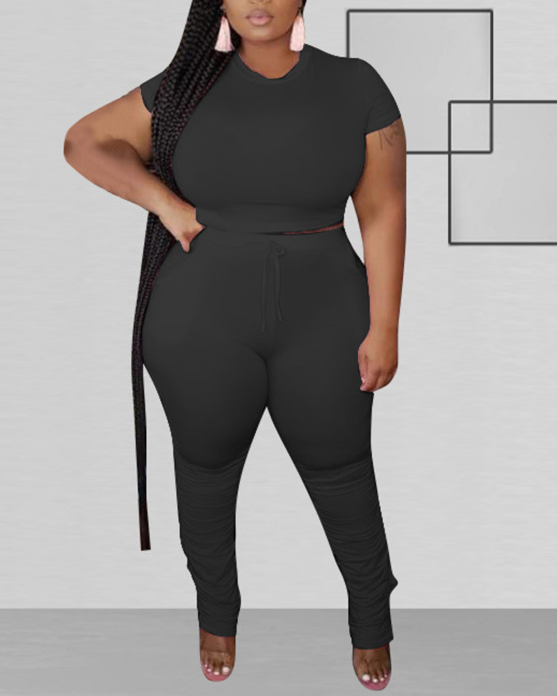 

Plus Size Plain Crop Top & Ruched Pants Set, Black