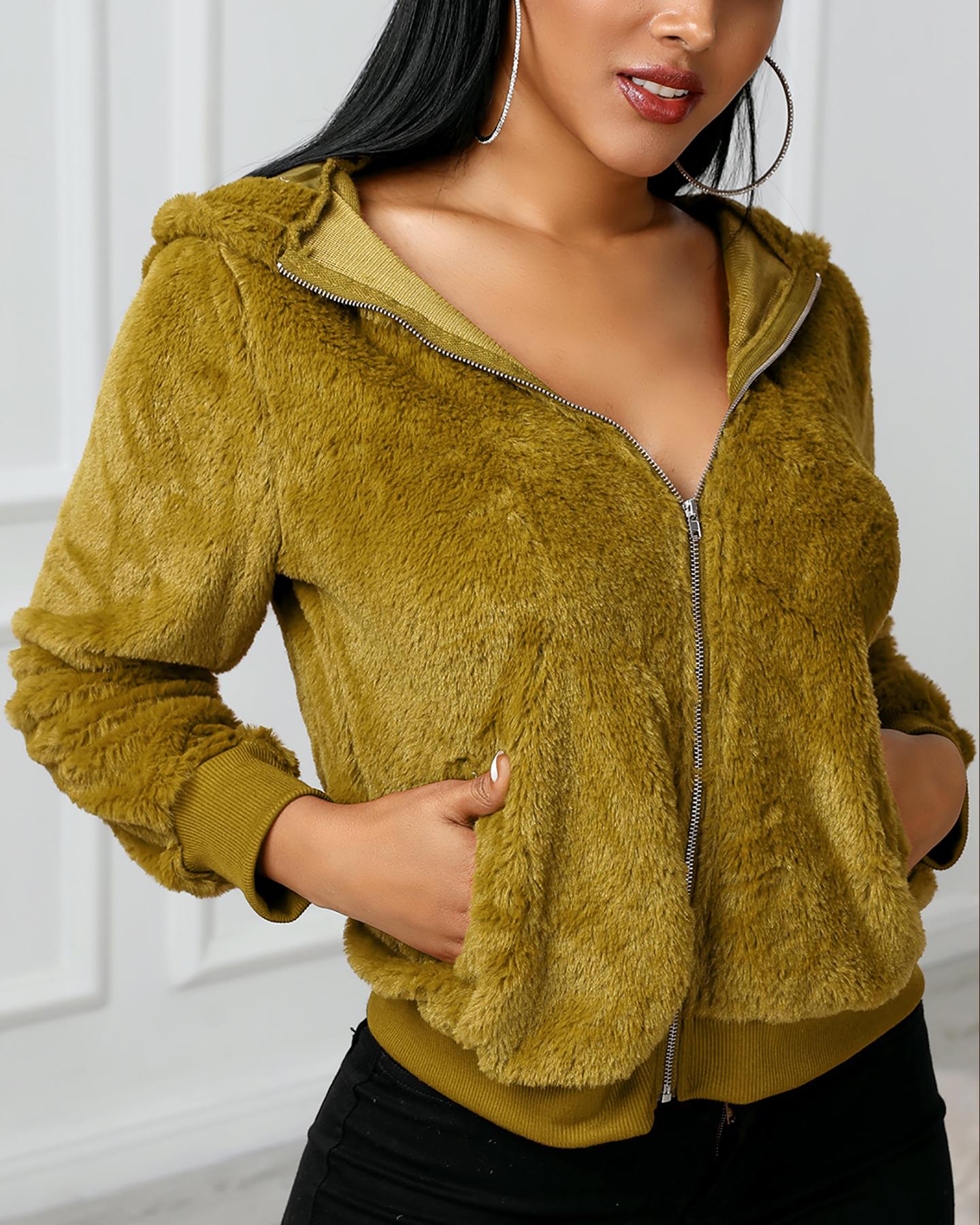 

Long Sleeve Zip Front Fur Faux Fur Hooded Coat, Yellow
