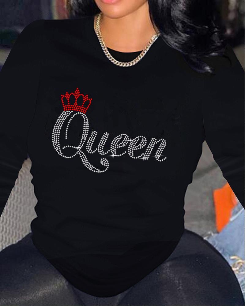 

Rhinestone Letter Pattern Long Sleeve Casual Top, Black