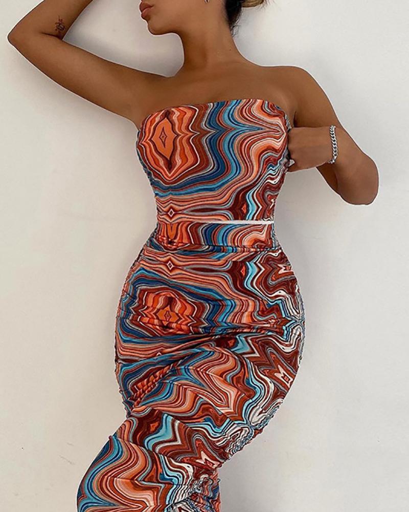 

Ruched Abstract Print Bandeau Party Dress, Multicolor