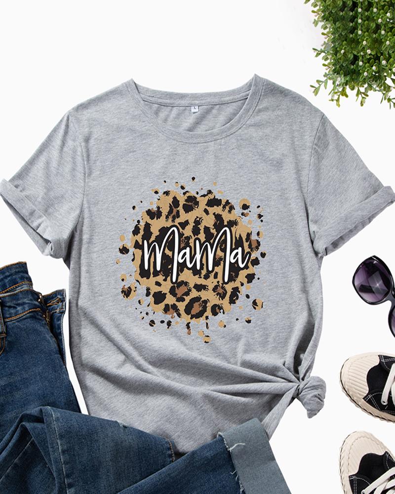 

Mother' Day Gift Short Sleeve Leopard Print T-shirt, Gray