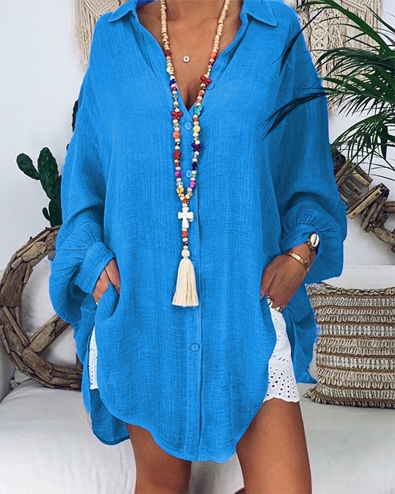 

Lantern Sleeve Curved Hem Button Down Shirt, Blue