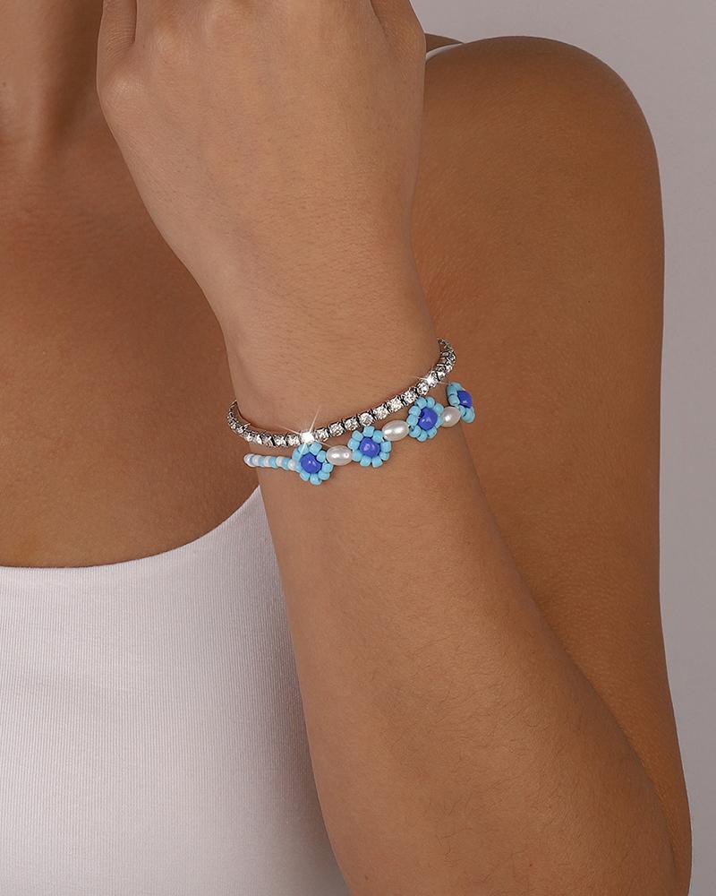 

2pcs Beaded Rhinestone Floral Pattern Bohemian Bracelet, Blue
