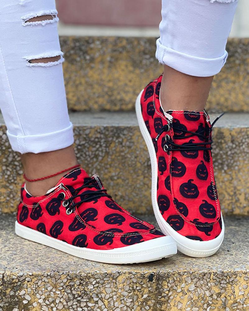 

Halloween Pumpkin Print Lace-up Slip On Canvas Shoes, Red