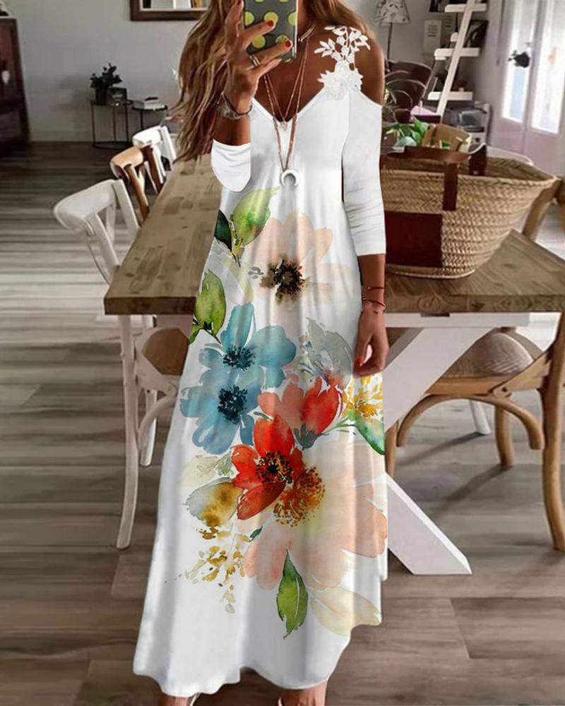 

Floral Print Lace Patch Cold Shoulder Maxi Dress, White